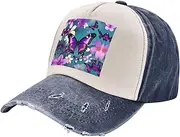 [YANYU] Purple Butterfly and Flowers Print Fashion Washed Distressed Baseball Cap Vintage Adjustable Hat with Classic Brim, Navy Blue, One Size