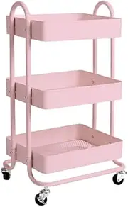 Levede 3 Tiers Kitchen Trolley Cart Steel Storage Rack Shelf Organiser Pink, Metal Utility Cart, 3-Tier Kitchen Trolley with 4 Wheels, Rolling Storage Cart Trolley for Kitchen Storage & Organisation