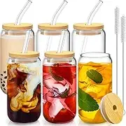 6 Pcs Drinking Glasses with Bamboo Lids and Glass Straw - 16 Oz Can Shaped Glass Cups for Beer, Ice Coffee, Cute Tumbler Cup Great for Soda Boba Tea Cocktail Include 2 Cleaning Brushes