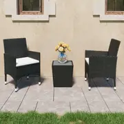 3 Piece Bistro Set Poly Rattan and Tempered Glass Black vidaXL