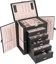 ProCase Large Jewelry Organizer Box for Women Girls, 6 Layers Storage Display Holder Case with Drawers and Dividers for Earrings Necklaces Rings Bracelets Watches -Black