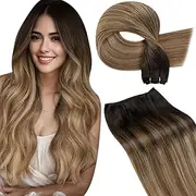 LaaVoo Hand Tied Weft Hair Extensions Real Human Hair Ombre Brown to Ash Brown Balayage Hair Extensions Sew in Remy Hair Extensions Human Hair for Short Hair Bundles 12inch 80g
