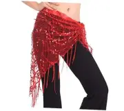 Women Belly Dance Hip Scarf, Sequin Tassels Triangle Tribal Wrap Skirt Red