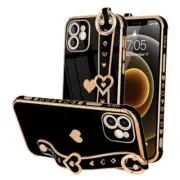 for Case Cute Love-Heart Plating Strap Phone Cover for Women iPhone 12 Black