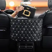 Leberna Car Seat Handbag Holder Pocket - Leather Storage Net Pocket with Diamond Bling Handbag Holder Between Car Seat Black Car Organizer