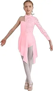[Jugaoge] Girls Single Long Sleeve Lace Patchwork Lyrical Dance Dress Modern Contemporary Dance Costume