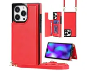 Iphone 15 Pro Max Case, RFID Blocking Iphone 15 Pro Max Wallet Case With Wrist Strap-Red