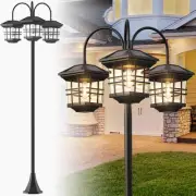 76" Classic Black Solar Lamp Post Lights - 3-Head Waterproof Outdoor Street L...
