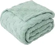 LINENOVA Sage Green Plaid Sherpa Throw Blanket Queen Size - 300GSM Coral Fleece Queen Blanket, Soft & Lightweight for All Seasons, Jacquard Decorative Blanket for Couch or Bed (220x240cm)