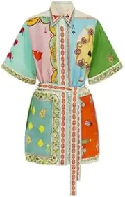 [Dynict] Women's Floral Mini Dress Y2k Short Sleeve Shirt Dress Cute Colorful Graffiti Graphic A-Line Lace Up Sundress