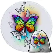 Black White and Rainbow Butterflies Round Beach Towel