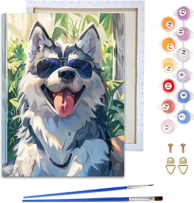 Framed Paint by Numbers Kit for Adults & Beginner - 8X12 Inch Canvas Dog Paint b