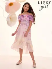 Lipsy Pink Floral Ombre Cold Shoulder Chiffon Midi Dress (7-16yrs) (AW7119) | $45 - $54