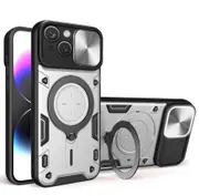 case For iPhone 15 Plus Slide Camera Lens Protection and Built in 360 Rotatable Ring Holder - Silvery