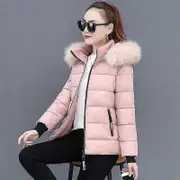 Winter New Short Cotton Coat Slim Fit Thickened Large Wool Collar Cotton Coat Down Jackets pink M