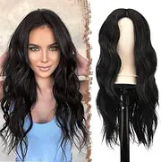 XILIYAI Long Black Wigs for Women, 26 inch Middle Parting Synthetic Wavy Wig for Daily Party, Natural Black