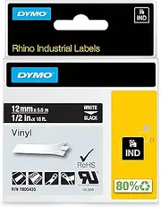 DYMO Rhino Industrial Vinyl Labels, 12 mm x 5.5 m, Black Print on White, Self-Adhesive,1805435