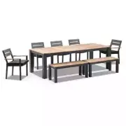 NEW Balmoral 2.5m Teak Top Aluminium Table w/ 2 Bench Seats + 5 Chairs | Outdoor