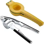 3-in-1 Metallic Yellow Lemon Squeezer and Garlic Press Set with Stainless Steel Nut Cracker, Versatile Kitchen Tools for Easy Juicing and Mincing