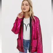 NWT ASOS Jacket Women 14 Preppy Barbiecore Sequins Metallic Embellished Zip Pink