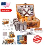 Luxury Wicker Picnic Basket Set for 4 with Waterproof Blanket & Insulated Cooler