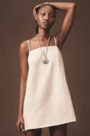 Anthropologie Mare Mare Square-Neck Linen A-Line Micro Mini Dress Beige XL NWT
