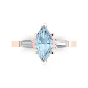 2 Marquise Baguette Cut 3 stone Blue Promise Wedding Ring 14k Rose Solid Gold