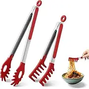 2 PCS Pasta Tong Spaghetti Tongs, 9-Inch & 12-Inch Heat Resistant Silicone Pasta Tongs Spaghetti Server with Teeth Silicone Tong for Serving Food, Cooking, Salad, Spaghetti Noodle, Non-Stick (Red)