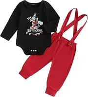 [Ayalinggo] 1st Birthday Outfit For Toddler Baby Boy Happy Birthday Balloon Print Romper Shirt Gentleman Suspender Pants Set