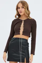 Brown Top Crop Round Neck Diamante Seamless - Size M, Women's Top