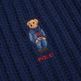 POLO Ralph Lauren泰迪熊刺繡LOGO羊毛混紡針織圍巾(海軍藍)780921-2