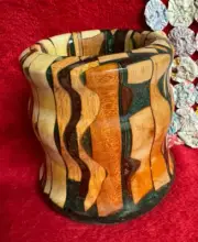 Handmade Multiwood Curvy Stripe Vase with Green Luster Resin