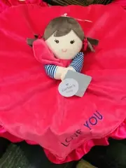 NEW CARTER’S SECURITY BLANKET GIRL DOLLY HEAD LOVEY BROWN HAIR STRIPED SLEEVES