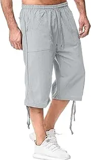 [JEShifangjiusu] Men's Causual 3/4 Long Cotton Shorts Drawstring Elastic Waist Cargo Straight Shorts Wide Leg Baggy Pants, Light Gray B1, XL