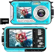 4K 56MP Underwater Camera, 10FT Waterproof Camera Dual-Screen Selfie Camera with 64GB TF Card, Auto Focus, 16X Digital Zoom, for Snorkeling (Blue)