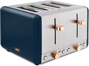 [Tower] T20051MNB Cavaletto 4-Slice Toaster with Defrost/Reheat, Stainless Steel, 1800 W, Midnight Blue and Rose Gold