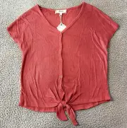 NWT Pink Rose Women's Coral Short Sleeve Tie Front Button Up Rayon Top Size M
