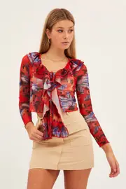 Pink Print Mesh Long Sleeve Crop Top - Size L, Women's Top