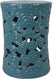 Ceramic Drum Table Decorative Garden stools, Decorative Ceramic Garden Stool, Hollowed Out Auspicious Clouds Pattern Shoe Changing Stool Drum Stool, Suitable for Outdoor Garden,(Dark Blue)