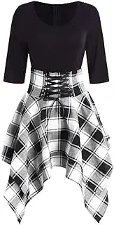 [SobeiKre] Plaid Fashion Women Short Dress O-Neck Half Sleeve Irregular Hem Lace Up Waist Asymmetrical Dress Summer Fashion Trendy Dress