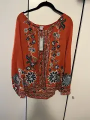 Chico's Womens Peasant Blouse Sz 0 Small Long Sleeve Bohemian Print Orange