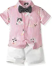 [Yoolhamy] Toddler Boys Summer Outfits Animals Print Short Sleeve Shirt and Shorts Set with Bowtie Beach Clothes for 1-4 Years