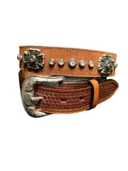 Native American Belt With Hand Tooled Leather Billets & Engraved Conchos