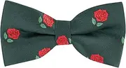 [King & Priory] Red Rose Dark Green Herringbone Embroidered Bow Tie