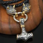 Men Viking Leather Cord Wolf Thor Hammer Necklace Norse Mjolnir Odin Pendant