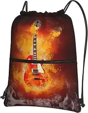 EdWal Rock Guitar In Burning Print Drawstring Backpack Gym Bags Sports Bags With Zipper Pocket For Travel Beach, Black, One Size