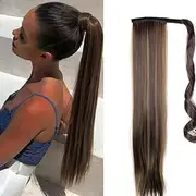 Ponytail 60 cm Long Straight Wrap Extension Synthetic Hair Extensions Curly Clip in Ponytail Hairpiece for Women (Strawberry Blonde & Honey Blonde 4H27)