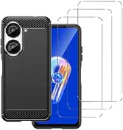 [carinacoco] Case for Asus Zenfone 10/Zenfone 9 with 3 Tempered Glass Screen Protector, Soft TPU Carbon Fiber Texture Shockproof Bumper Anti-Drop Rugged Cover, Ultra Slim Anti-Scratch Phone Case