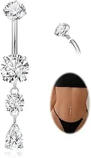 [LOAYHOAY] G23 Pure Titanium Dangle Belly Button Rings for Women Internally Thread Curved Barbell Belly Rings Dangling Navel Rings CZ Teardrop Navel Piercing Jewelry 6-16mm