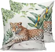Outdoor Throw Pillow Covers Waterproof Pillow Cases 16x16In, Summer Tiger Bird Green Banana Leaf Decorative Pillow Covers Cushion Cases for Couch Sofa Patio Garden,2 Pack Animal Focus